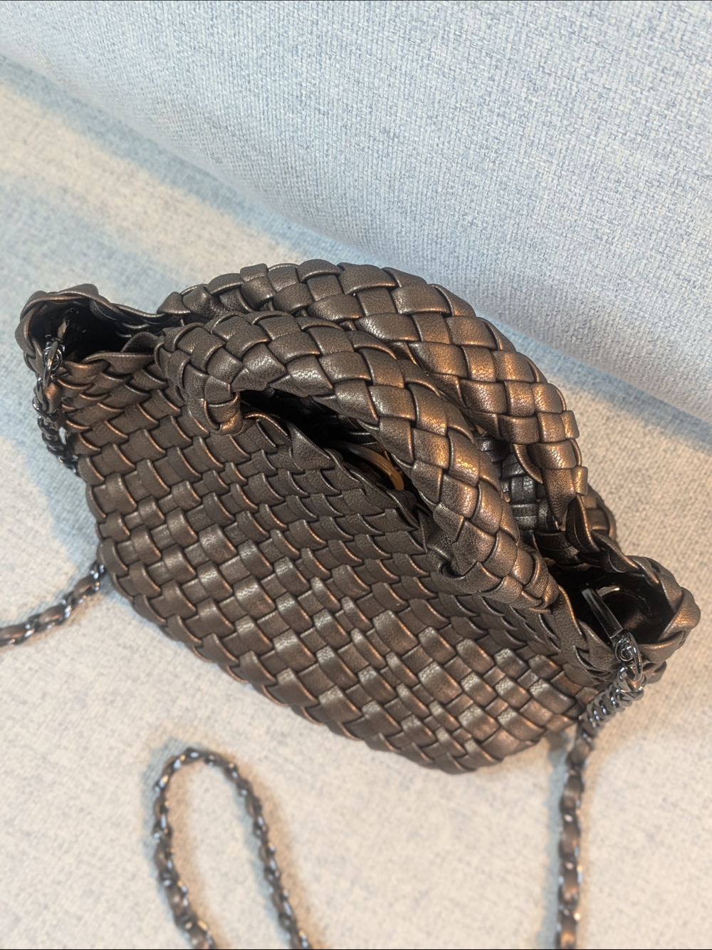 Metallic Brown Woven Mini Chain Strap Braided Handle Handbag - Picture 4 of 12